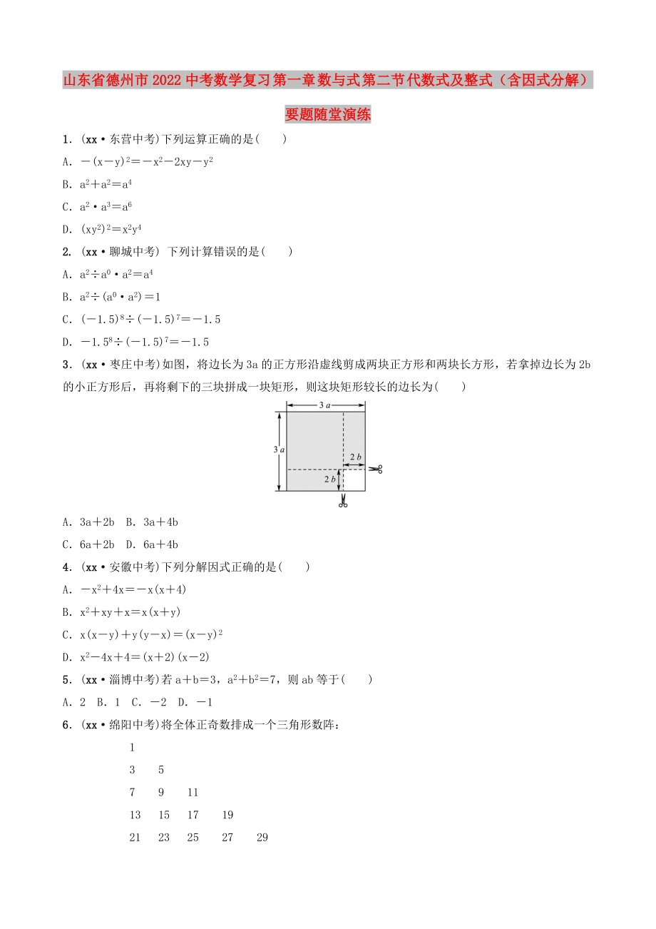 山東省德州市2022中考數(shù)學(xué)復(fù)習(xí) 第一章 數(shù)與式 第二節(jié) 代數(shù)式及整式（含因式分解）要題隨堂演練_第1頁