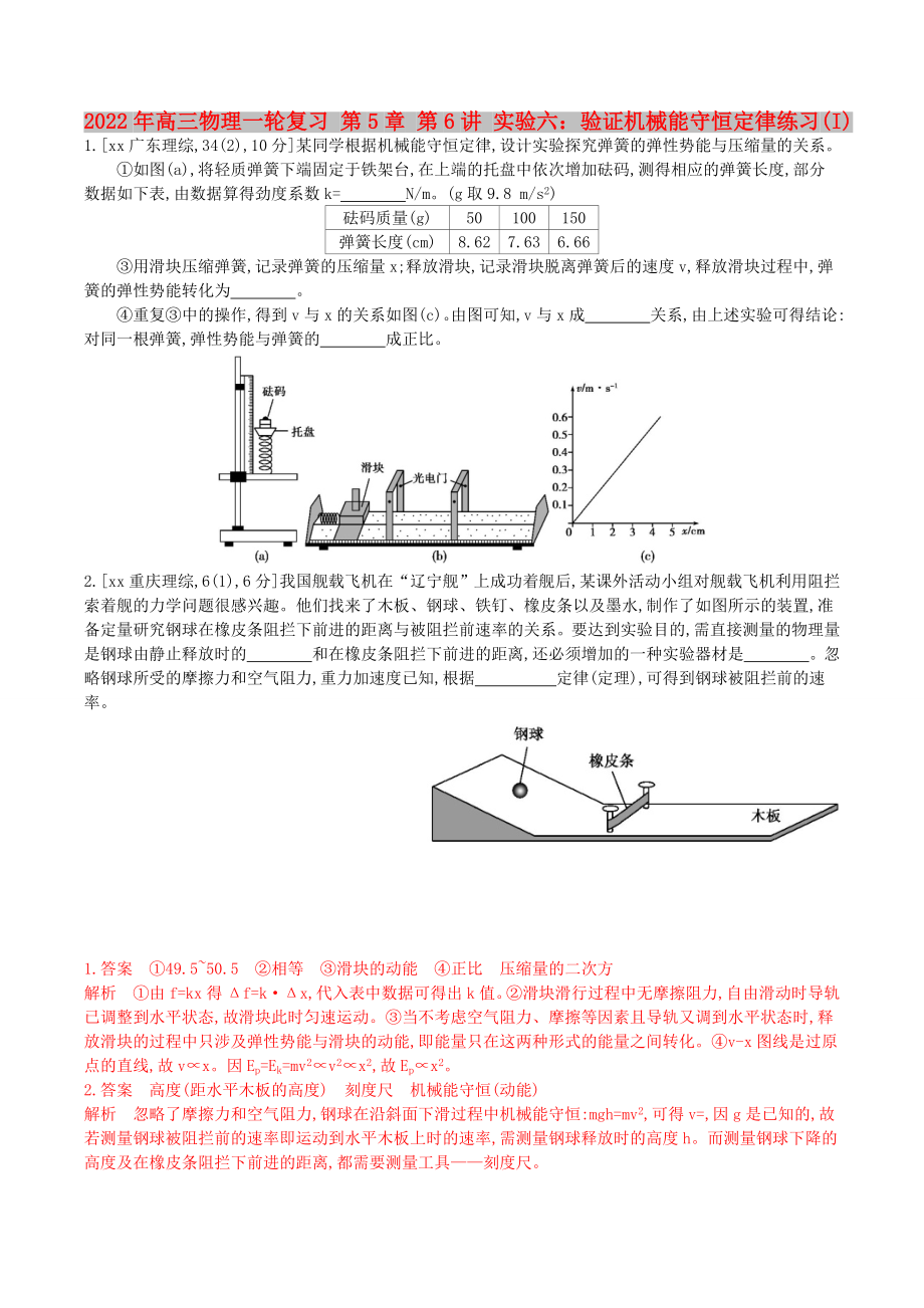 2022年高三物理一輪復(fù)習(xí) 第5章 第6講 實驗六：驗證機械能守恒定律練習(xí)(I)_第1頁