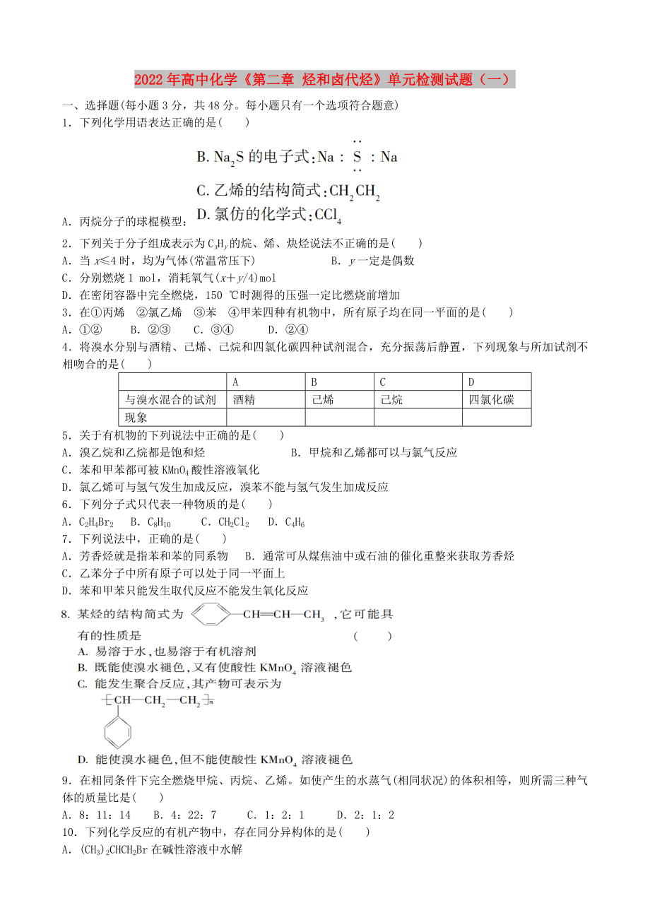 2022年高中化學(xué)《第二章 烴和鹵代烴》單元檢測試題（一）_第1頁