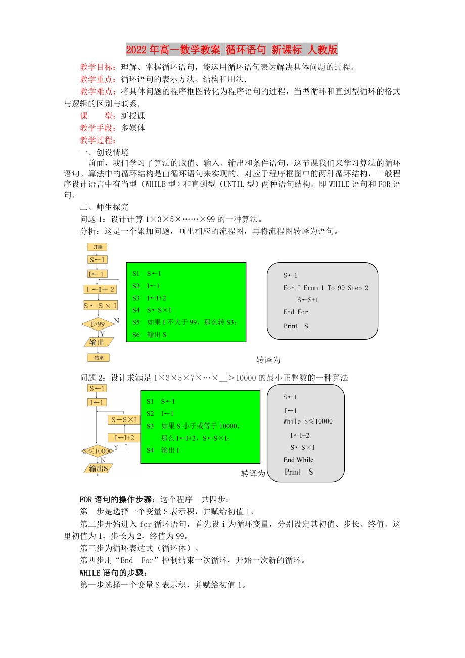 2022年高一數(shù)學(xué)教案 循環(huán)語(yǔ)句 新課標(biāo) 人教版_第1頁(yè)