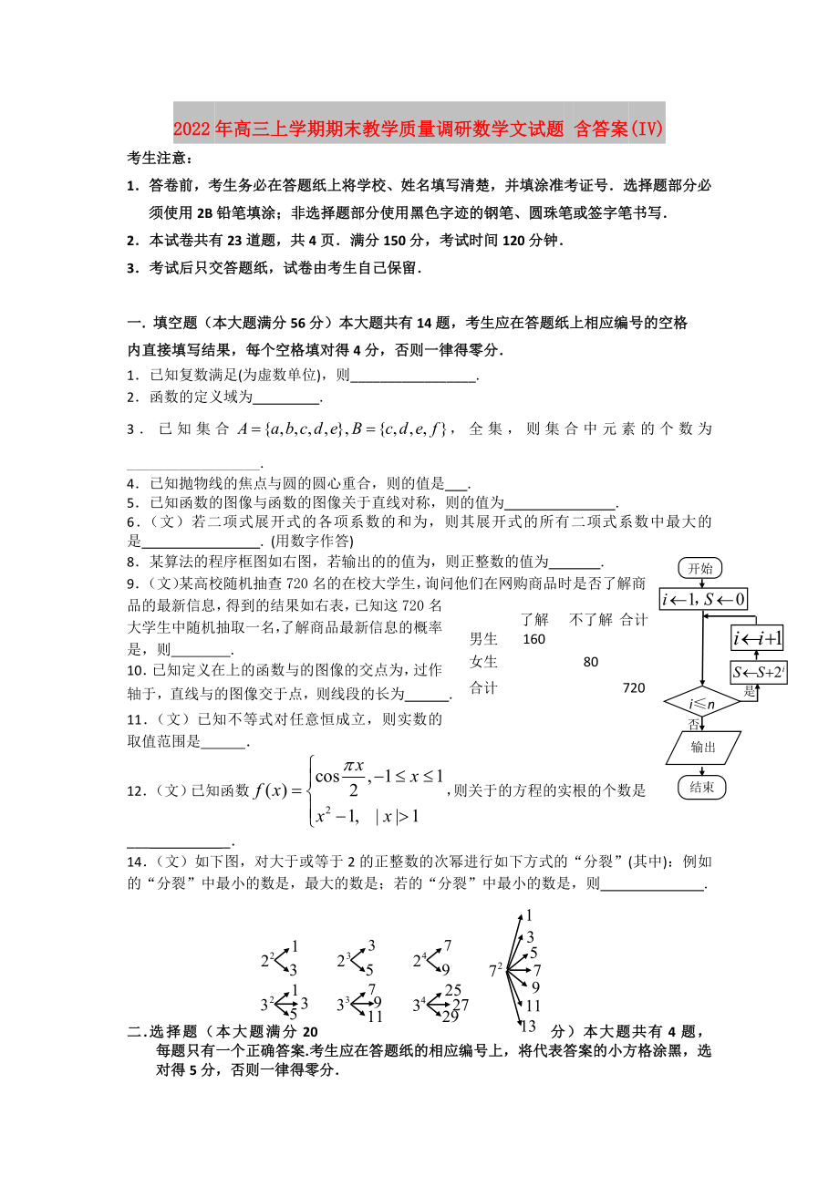 2022年高三上學(xué)期期末教學(xué)質(zhì)量調(diào)研數(shù)學(xué)文試題 含答案(IV)_第1頁