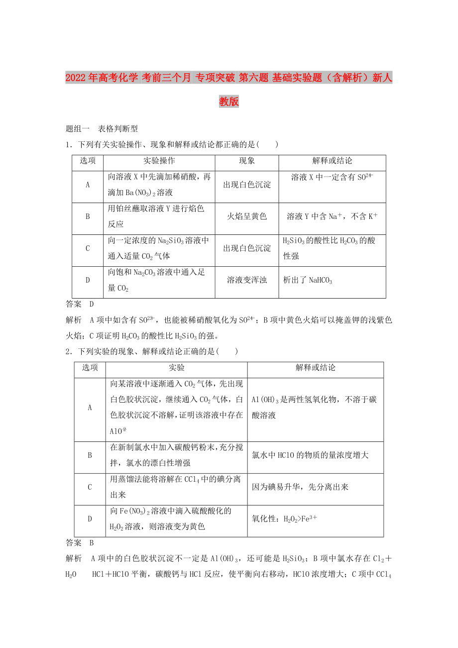 2022年高考化學(xué) 考前三個月 專項(xiàng)突破 第六題 基礎(chǔ)實(shí)驗(yàn)題（含解析）新人教版_第1頁