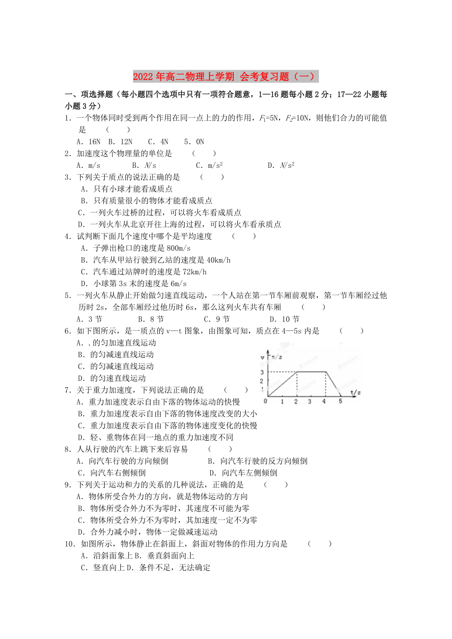 2022年高二物理上學期 會考復(fù)習題（一）_第1頁