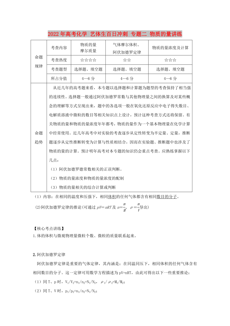 2022年高考化學(xué) 藝體生百日沖刺 專題二 物質(zhì)的量講練_第1頁