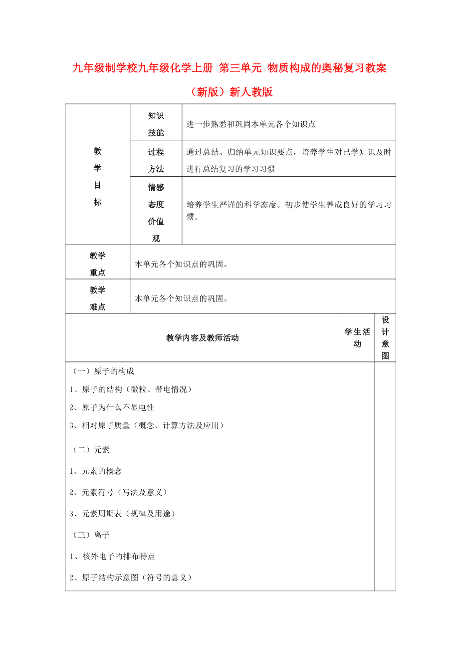 九年級(jí)制學(xué)校九年級(jí)化學(xué)上冊(cè) 第三單元 物質(zhì)構(gòu)成的奧秘復(fù)習(xí)教案 （新版）新人教版_第1頁(yè)