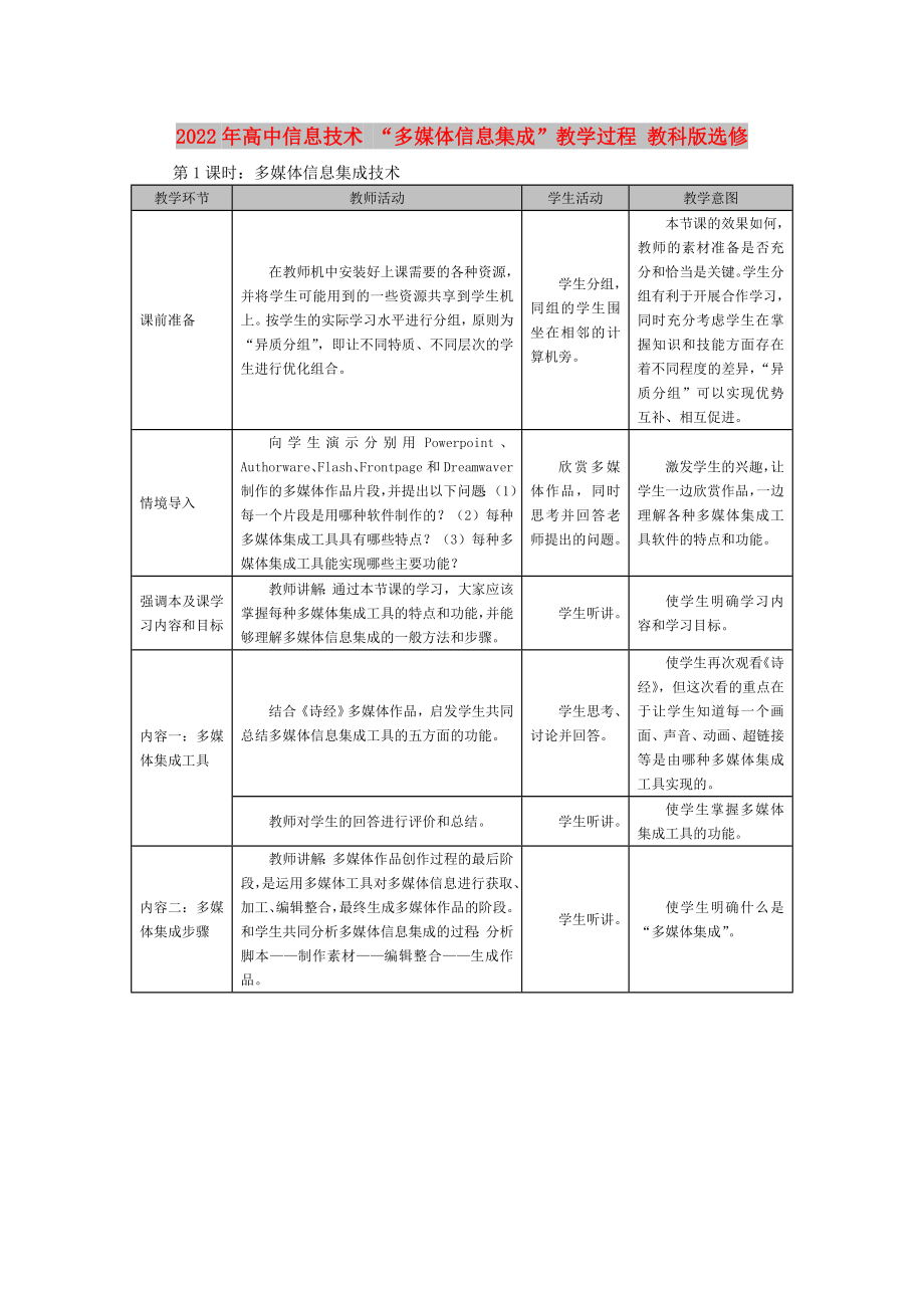 2022年高中信息技術(shù) “多媒體信息集成”教學(xué)過程 教科版選修_第1頁