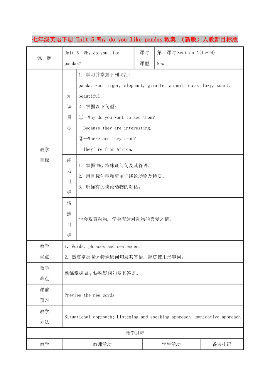 七年級(jí)英語下冊(cè) Unit 5 Why do you like pandas教案 （新版）人教新目標(biāo)版_第1頁