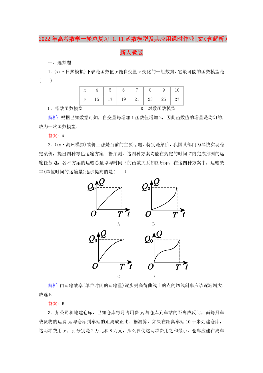 2022年高考数学一轮总复习 1.11函数模型及其应用课时作业 文（含解析）新人教版_第1页