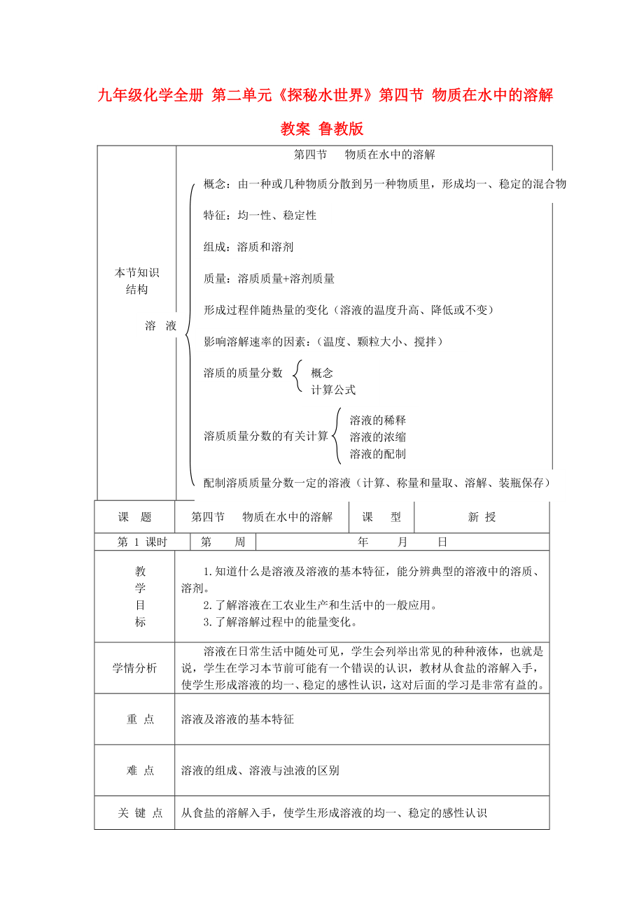 九年級化學全冊 第二單元《探秘水世界》第四節(jié) 物質在水中的溶解教案 魯教版_第1頁