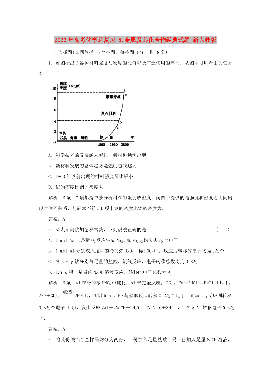 2022年高考化学总复习 5.金属及其化合物经典试题 新人教版_第1页