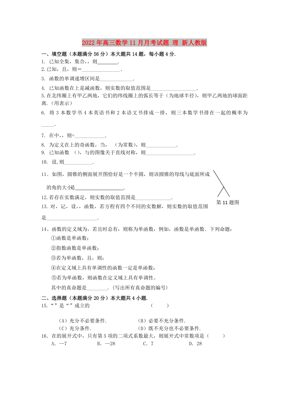 2022年高三數(shù)學(xué)11月月考試題 理 新人教版_第1頁