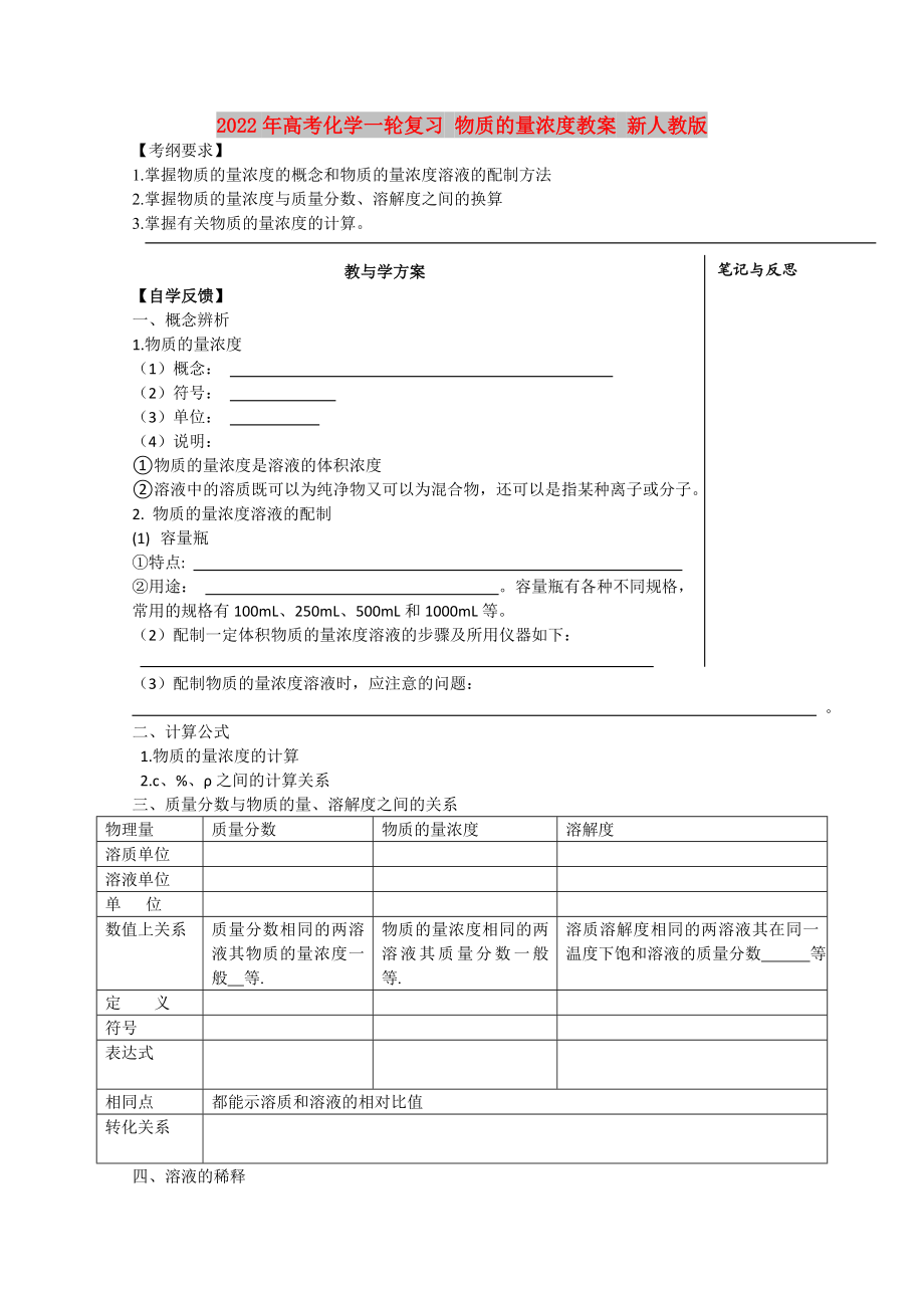 2022年高考化學(xué)一輪復(fù)習(xí) 物質(zhì)的量濃度教案 新人教版_第1頁