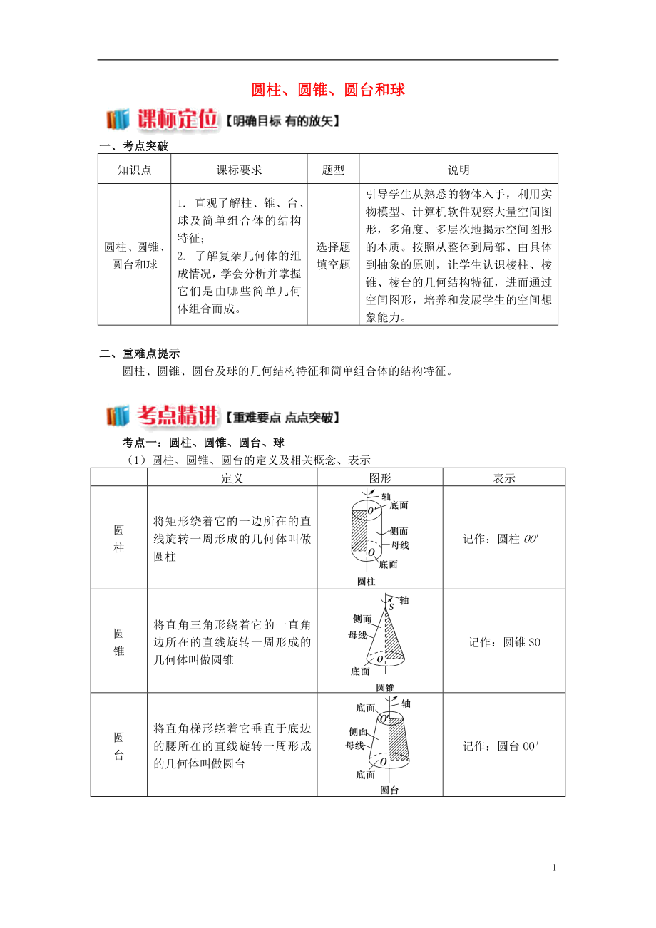 2018高中數(shù)學(xué) 第1章 立體幾何初步 第一節(jié) 空間幾何體2 圓柱、圓錐、圓臺和球?qū)W案 蘇教版必修2_第1頁