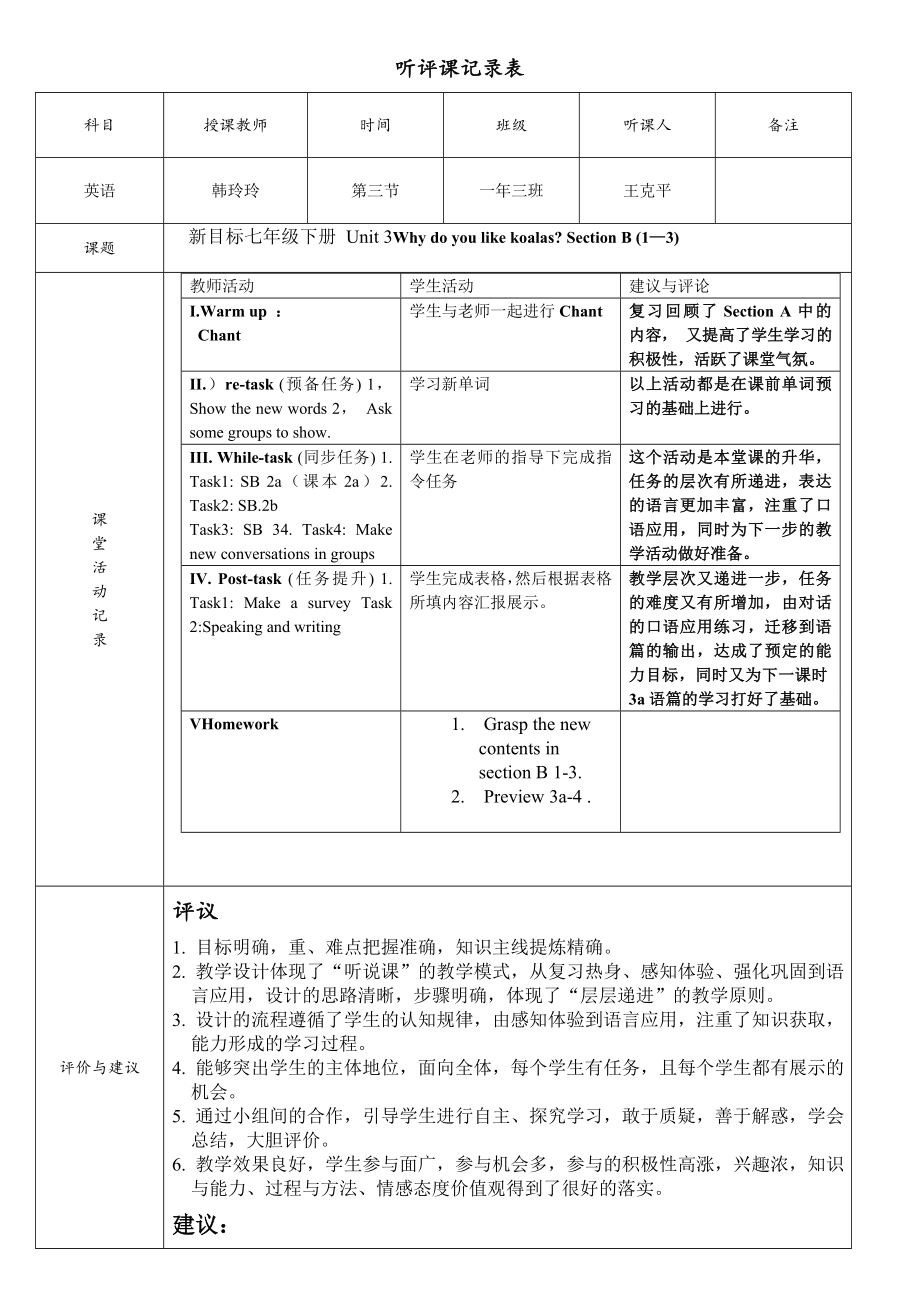 初中英語聽評課記錄表.doc_第1頁