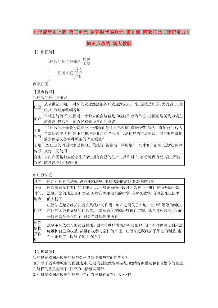 九年級(jí)歷史上冊(cè) 第三單元 封建時(shí)代的歐洲 第8課 西歐莊園（速記寶典）知識(shí)點(diǎn)總結(jié) 新人教版_第1頁(yè)