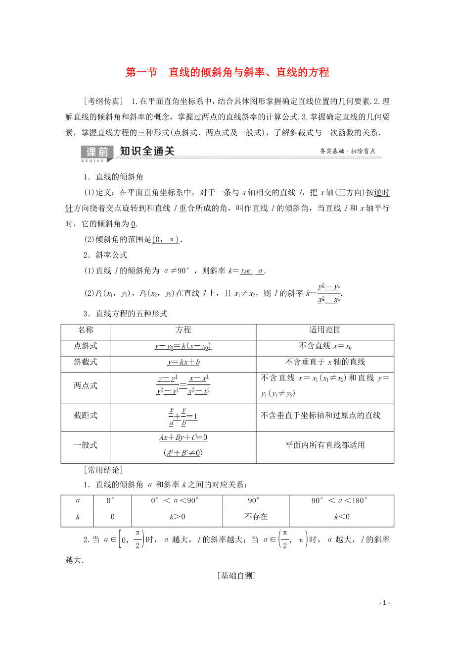 2020版高考数学一轮复习 第8章 平面解析几何 第1节 直线的倾斜角与斜率、直线的方程教学案 理（含解析）北师大版_第1页