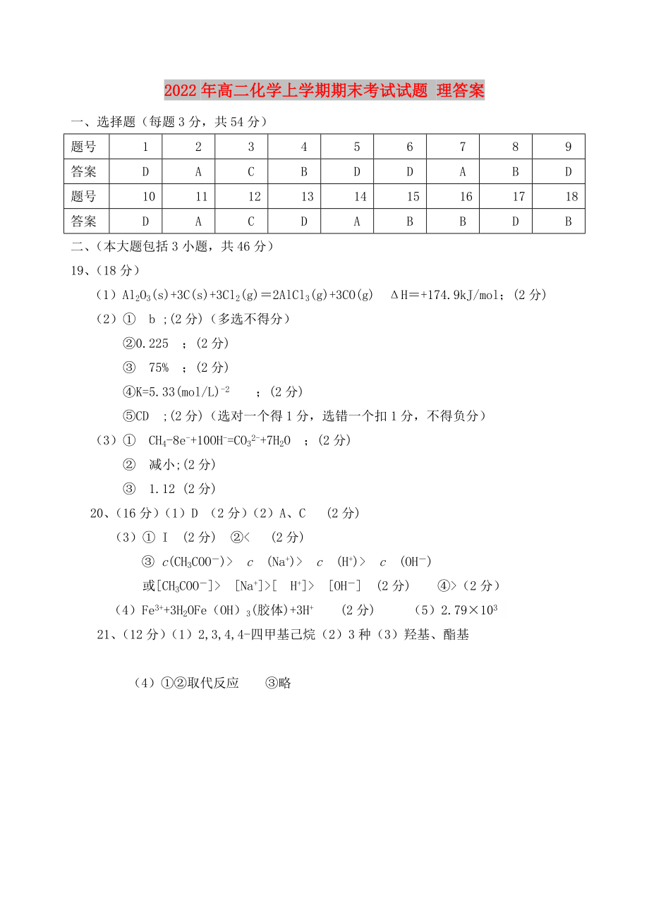 2022年高二化學上學期期末考試試題 理答案_第1頁