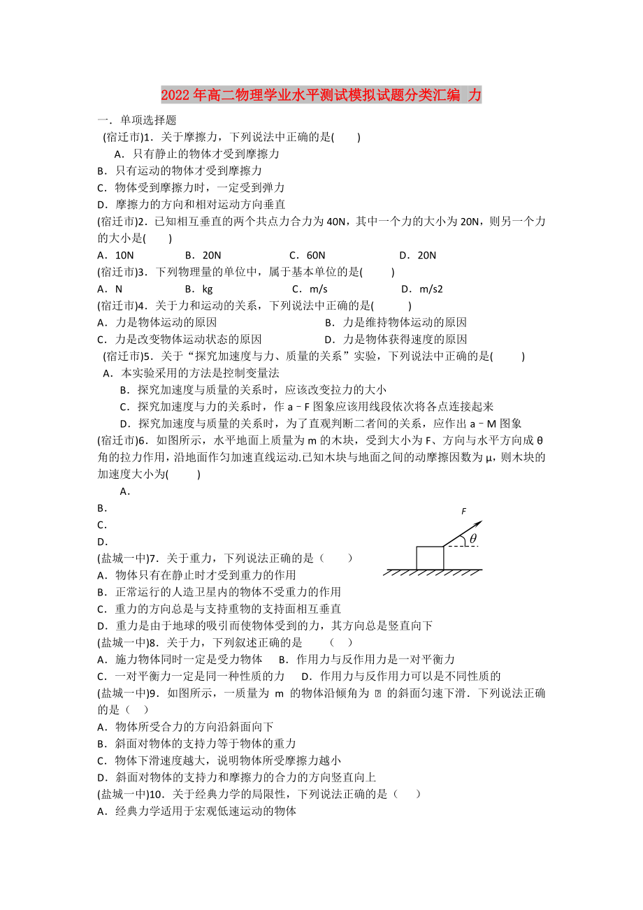 2022年高二物理學(xué)業(yè)水平測試模擬試題分類匯編 力_第1頁