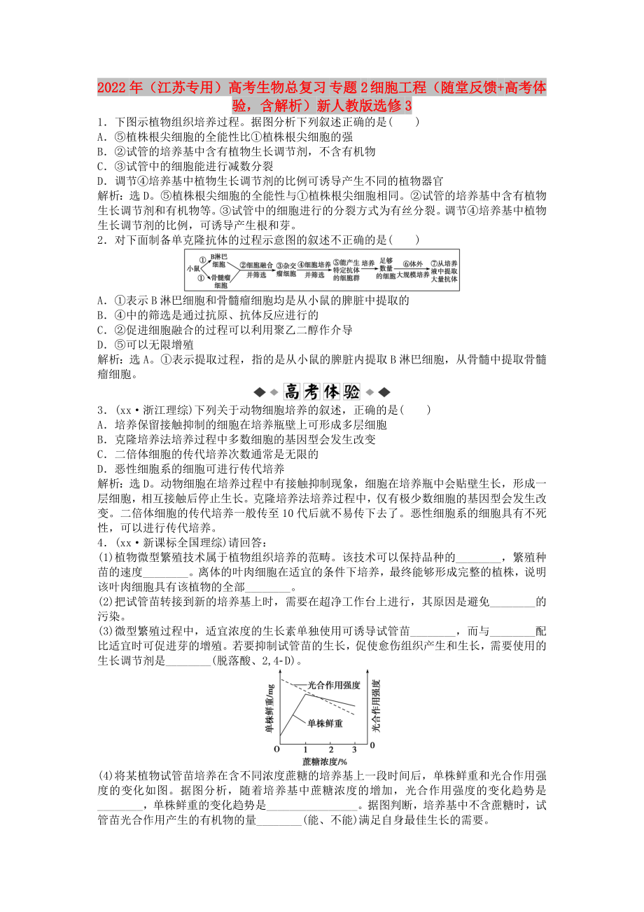 2022年（江蘇專用）高考生物總復(fù)習(xí) 專題2 細(xì)胞工程（隨堂反饋+高考體驗(yàn)含解析）新人教版選修3_第1頁