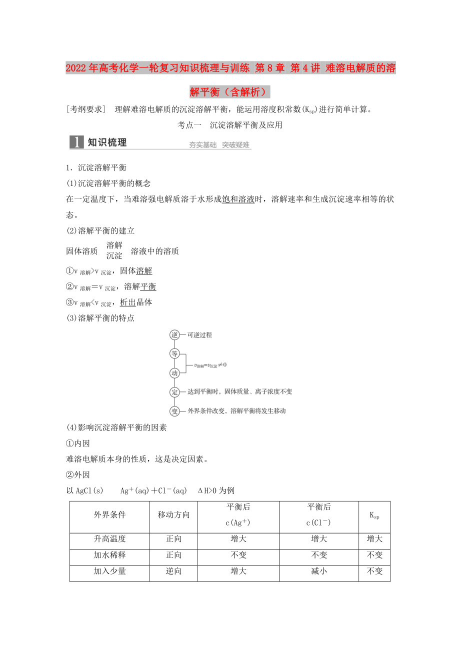 2022年高考化學(xué)一輪復(fù)習(xí)知識(shí)梳理與訓(xùn)練 第8章 第4講 難溶電解質(zhì)的溶解平衡（含解析）_第1頁