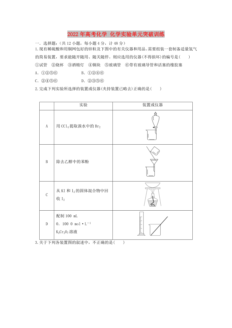 2022年高考化学 化学实验单元突破训练_第1页