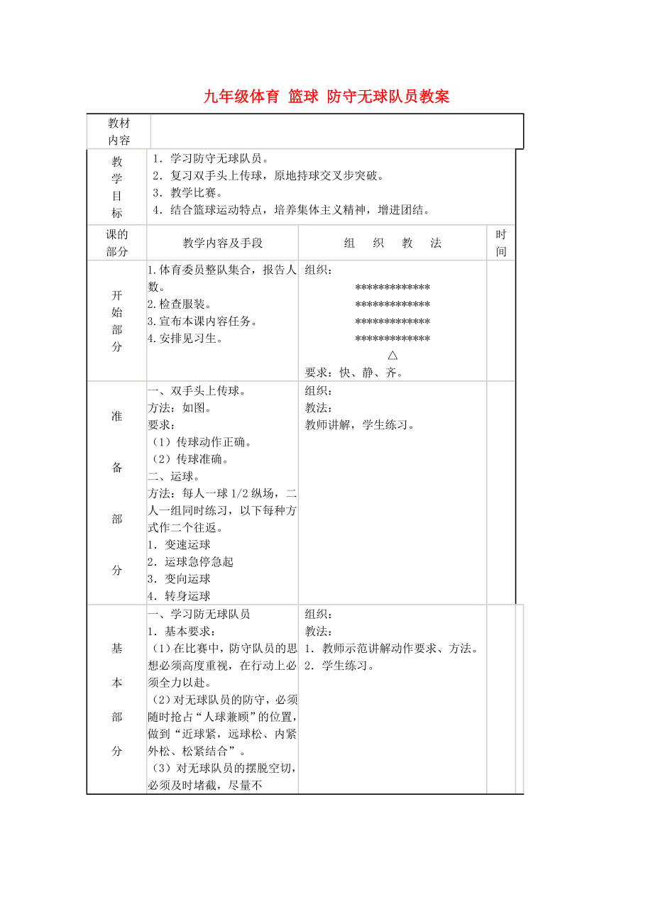 九年級(jí)體育 籃球 防守?zé)o球隊(duì)員教案_第1頁(yè)