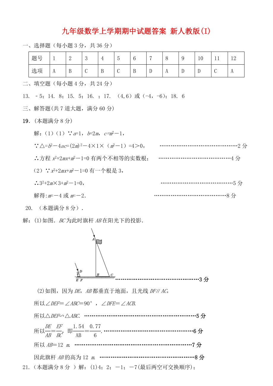 九年級數(shù)學上學期期中試題答案 新人教版(I)_第1頁