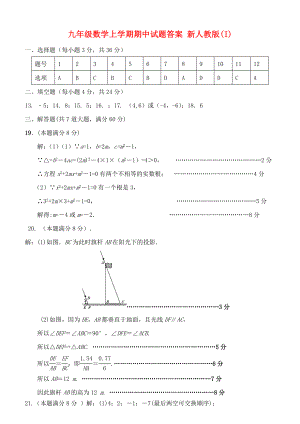 九年級數(shù)學(xué)上學(xué)期期中試題答案 新人教版(I)