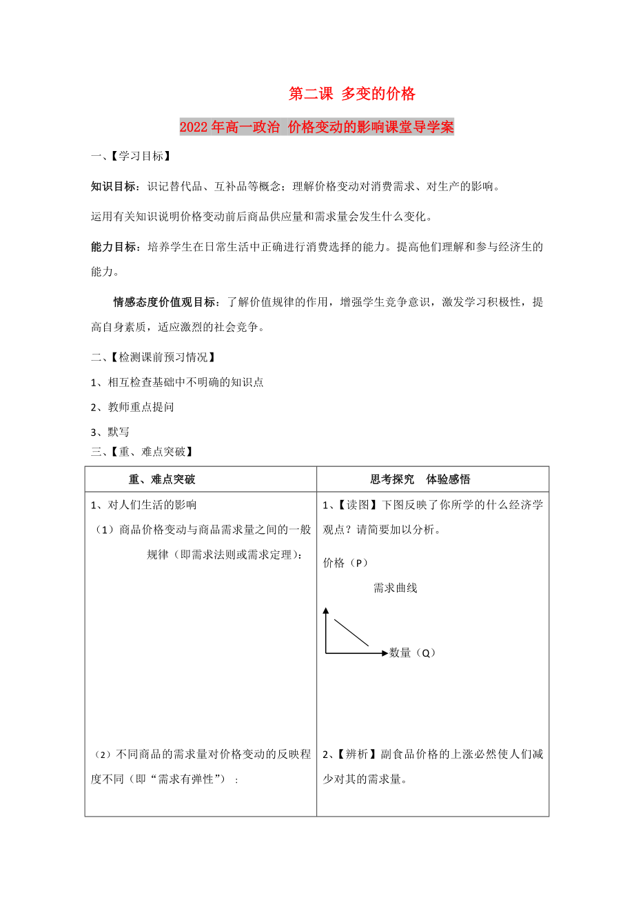 2022年高一政治 價(jià)格變動(dòng)的影響課堂導(dǎo)學(xué)案_第1頁