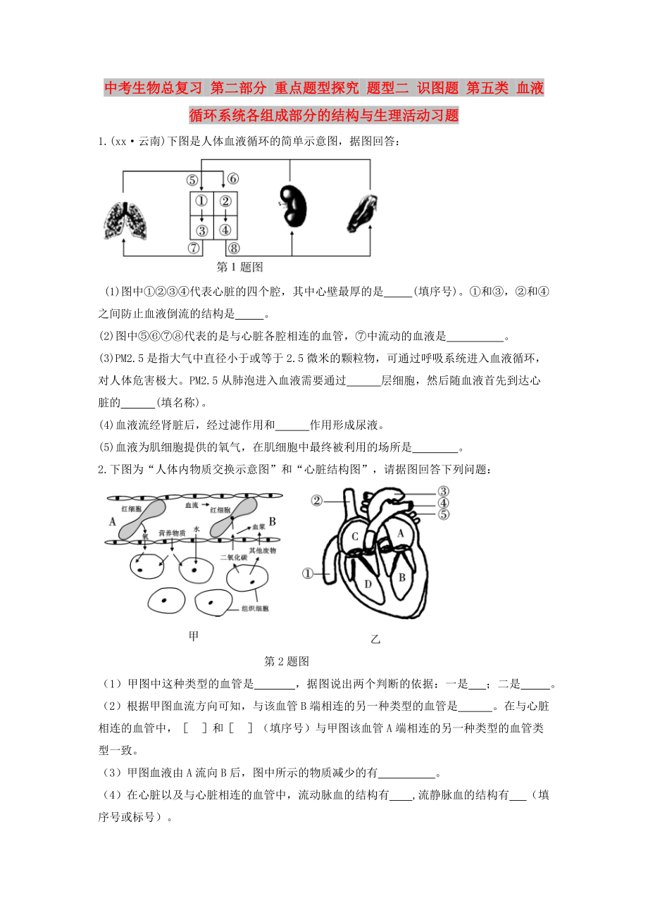 中考生物总复习 第二部分 重点题型探究 题型二 识图题 第五类 血液循环系统各组成部分的结构与生理活动习题_第1页