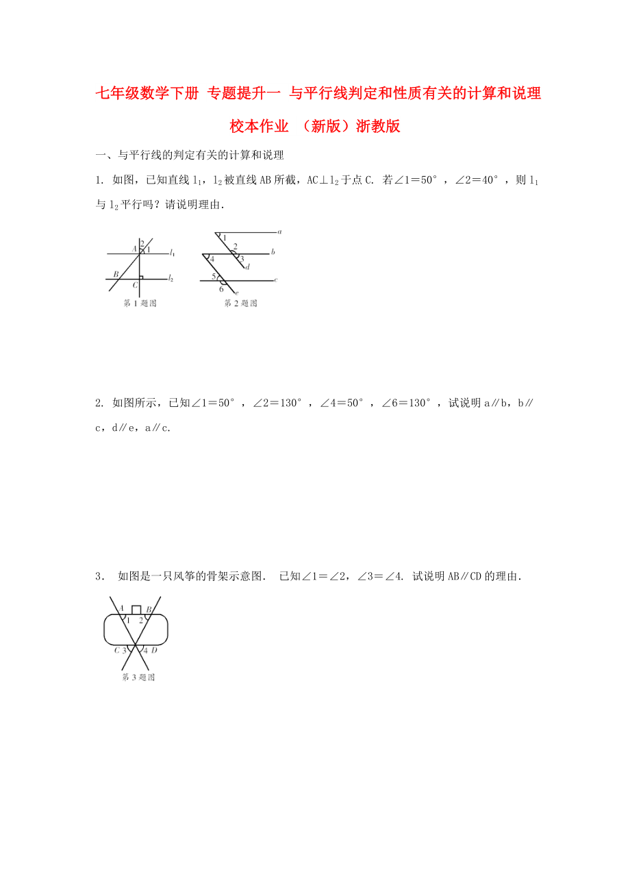 七年級(jí)數(shù)學(xué)下冊(cè) 專題提升一 與平行線判定和性質(zhì)有關(guān)的計(jì)算和說理校本作業(yè) （新版）浙教版_第1頁(yè)