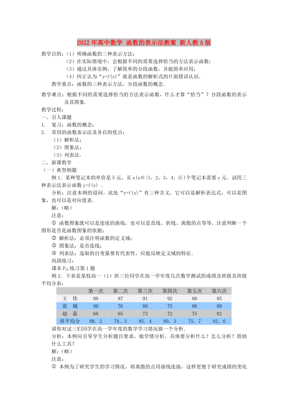 2022年高中數(shù)學(xué) 函數(shù)的表示法教案 新人教A版_第1頁