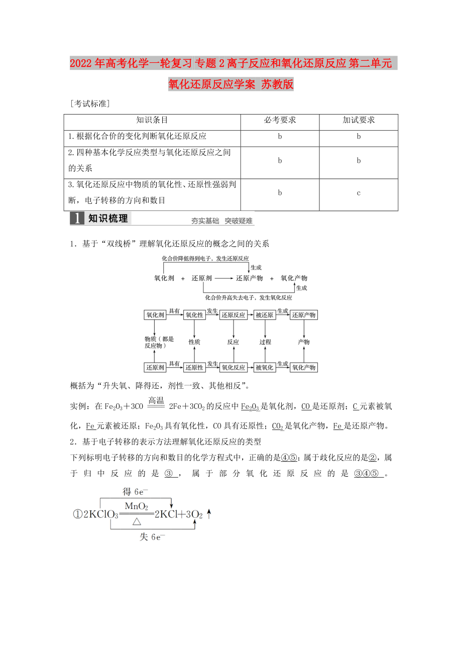 2022年高考化学一轮复习 专题2 离子反应和氧化还原反应 第二单元 氧化还原反应学案 苏教版_第1页