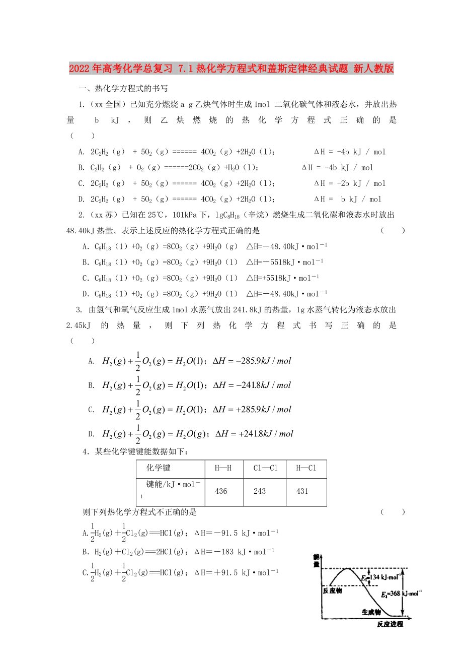 2022年高考化学总复习 7.1热化学方程式和盖斯定律经典试题 新人教版_第1页