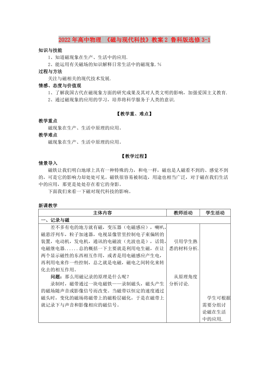 2022年高中物理 《磁與現(xiàn)代科技》教案2 魯科版選修3-1_第1頁(yè)