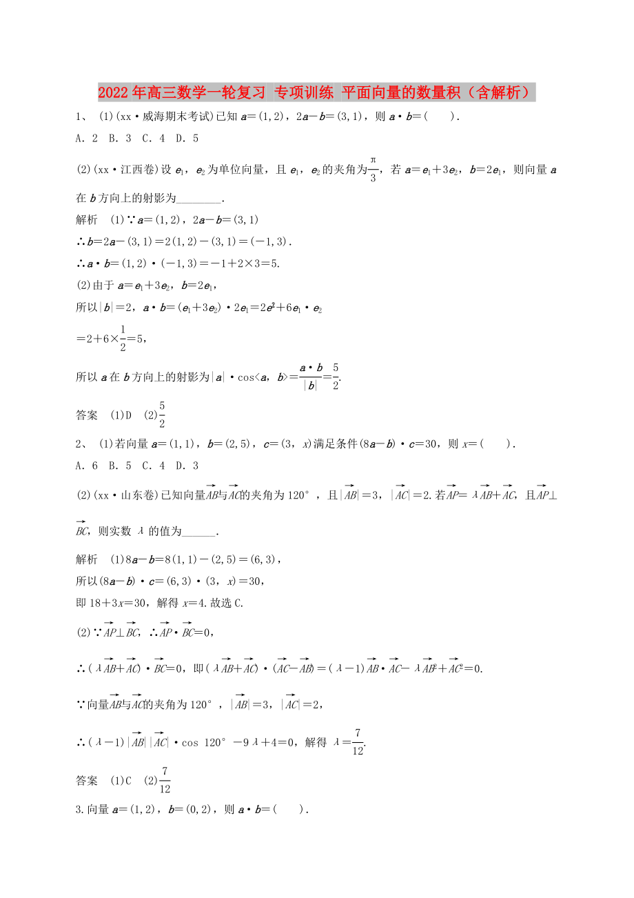 2022年高三數(shù)學一輪復習 專項訓練 平面向量的數(shù)量積（含解析）_第1頁