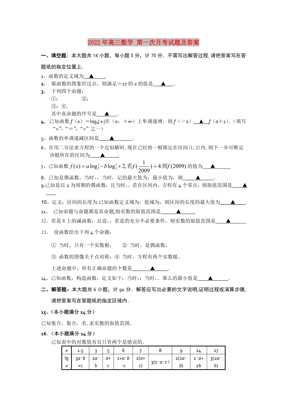 2022年高三數(shù)學 第一次月考試題及答案_第1頁