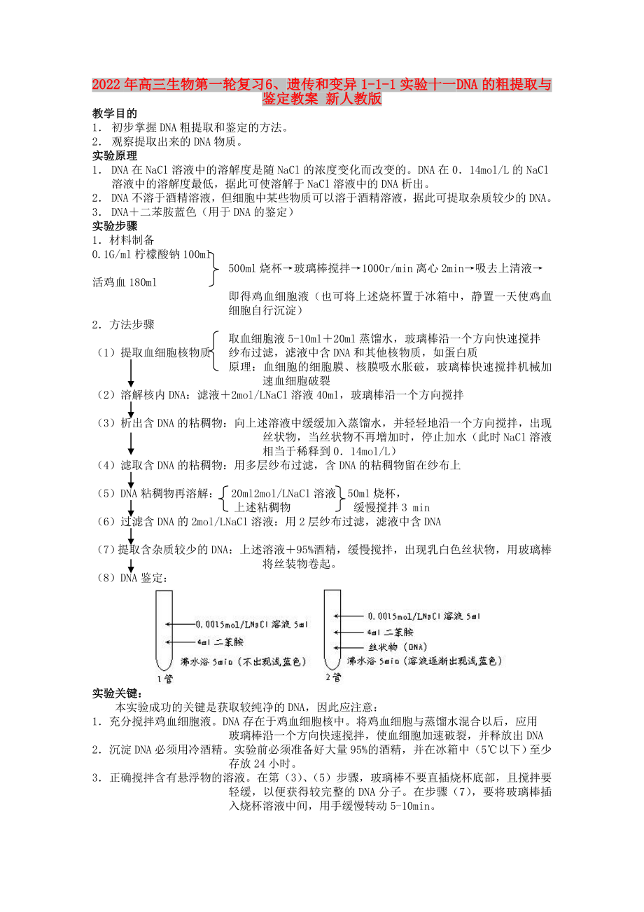 2022年高三生物第一輪復(fù)習(xí) 6、遺傳和變異1-1-1實(shí)驗(yàn)十一 DNA的粗提取與鑒定教案 新人教版_第1頁