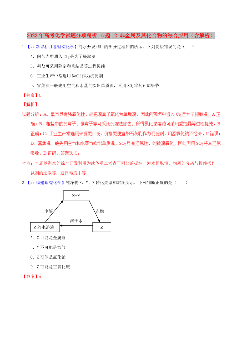 2022年高考化学试题分项精析 专题12 非金属及其化合物的综合应用（含解析）_第1页