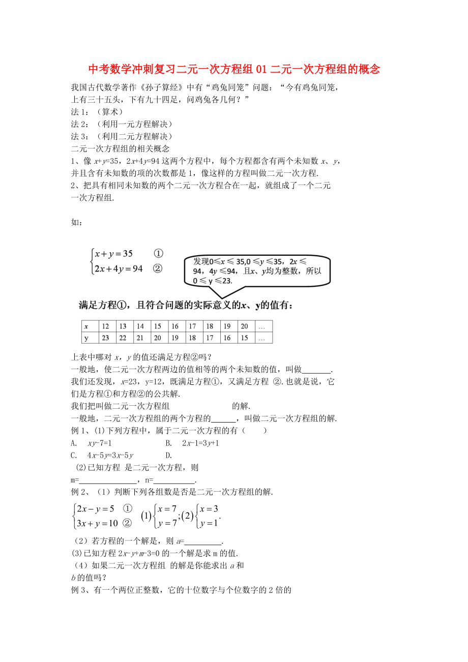 中考数学冲刺复习二元一次方程组01二元一次方程组的概念_第1页