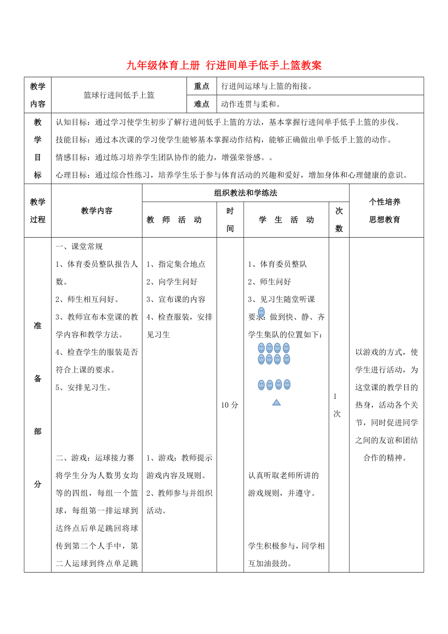 九年级体育上册 行进间单手低手上篮教案_第1页