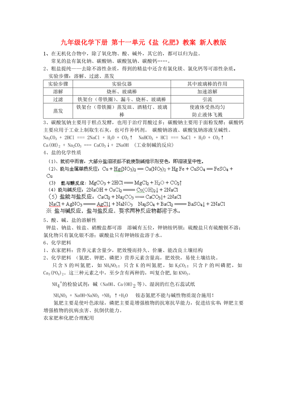 九年級(jí)化學(xué)下冊 第十一單元《鹽 化肥》教案 新人教版_第1頁