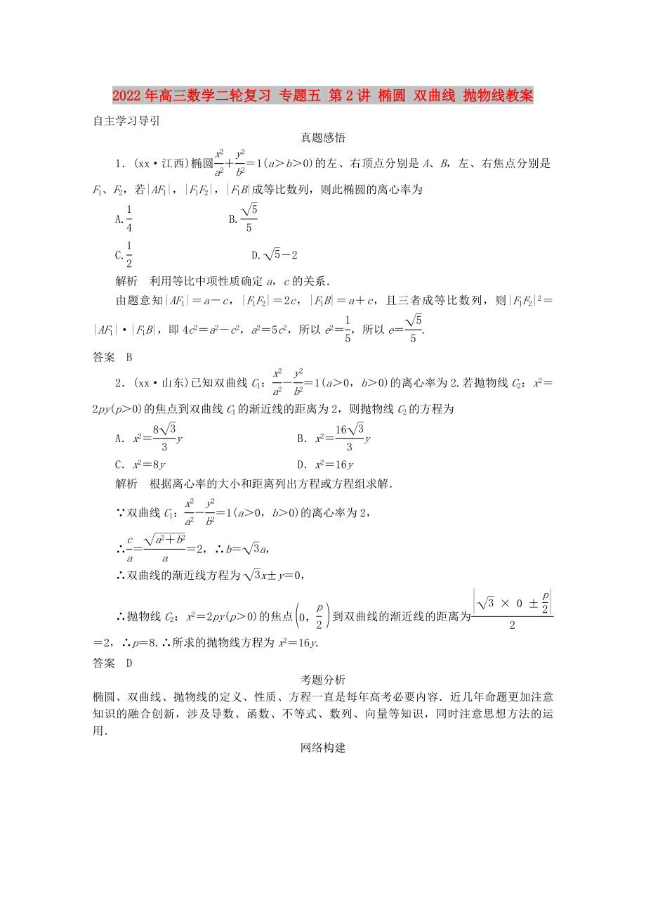 2022年高三數(shù)學二輪復習 專題五 第2講 橢圓 雙曲線 拋物線教案_第1頁