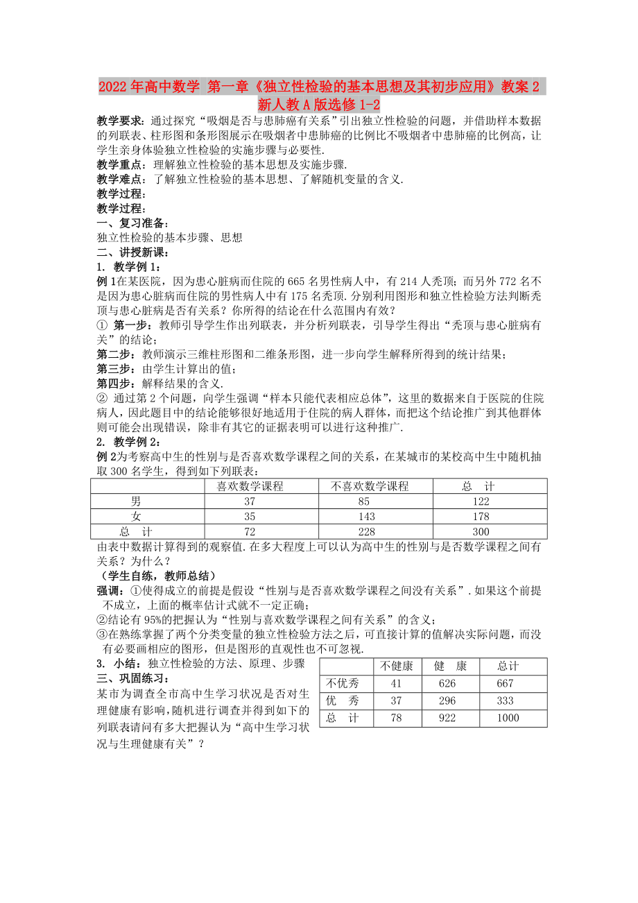 2022年高中數(shù)學 第一章《獨立性檢驗的基本思想及其初步應用》教案2 新人教A版選修1-2_第1頁