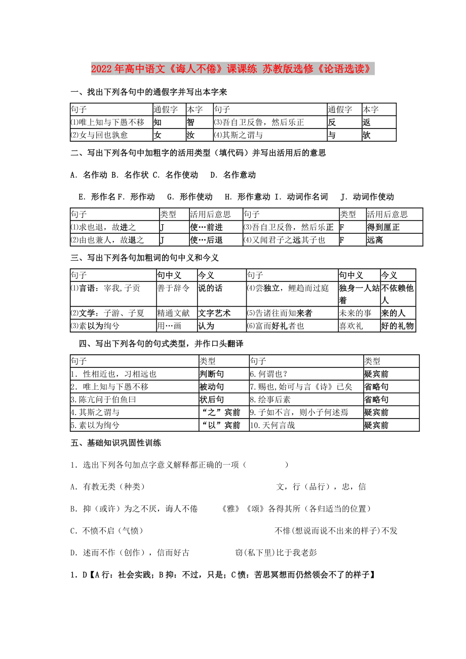 2022年高中語文《誨人不倦》課課練 蘇教版選修《論語選讀》_第1頁