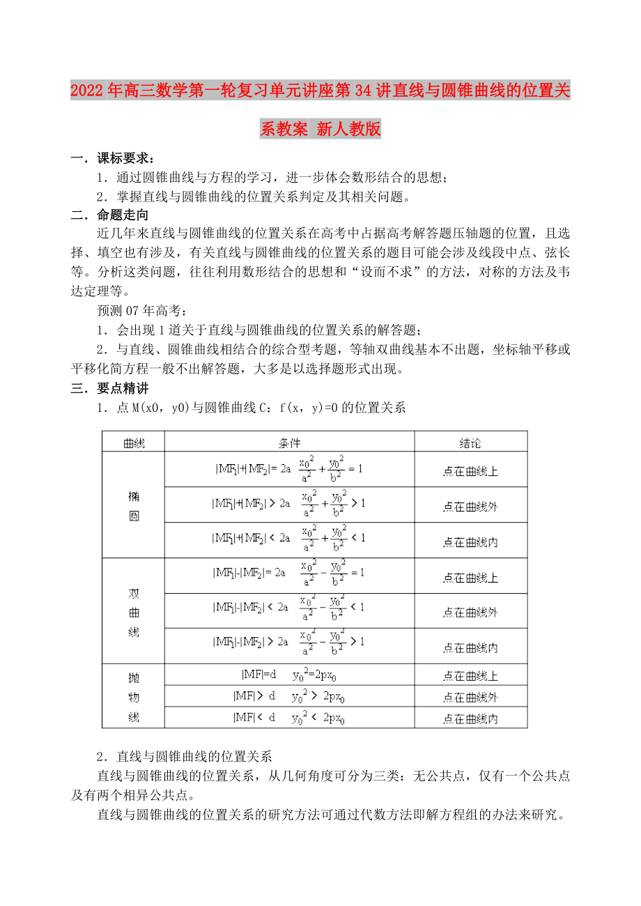 2022年高三数学第一轮复习单元讲座 第34讲 直线与圆锥曲线的位置关系教案 新人教版_第1页