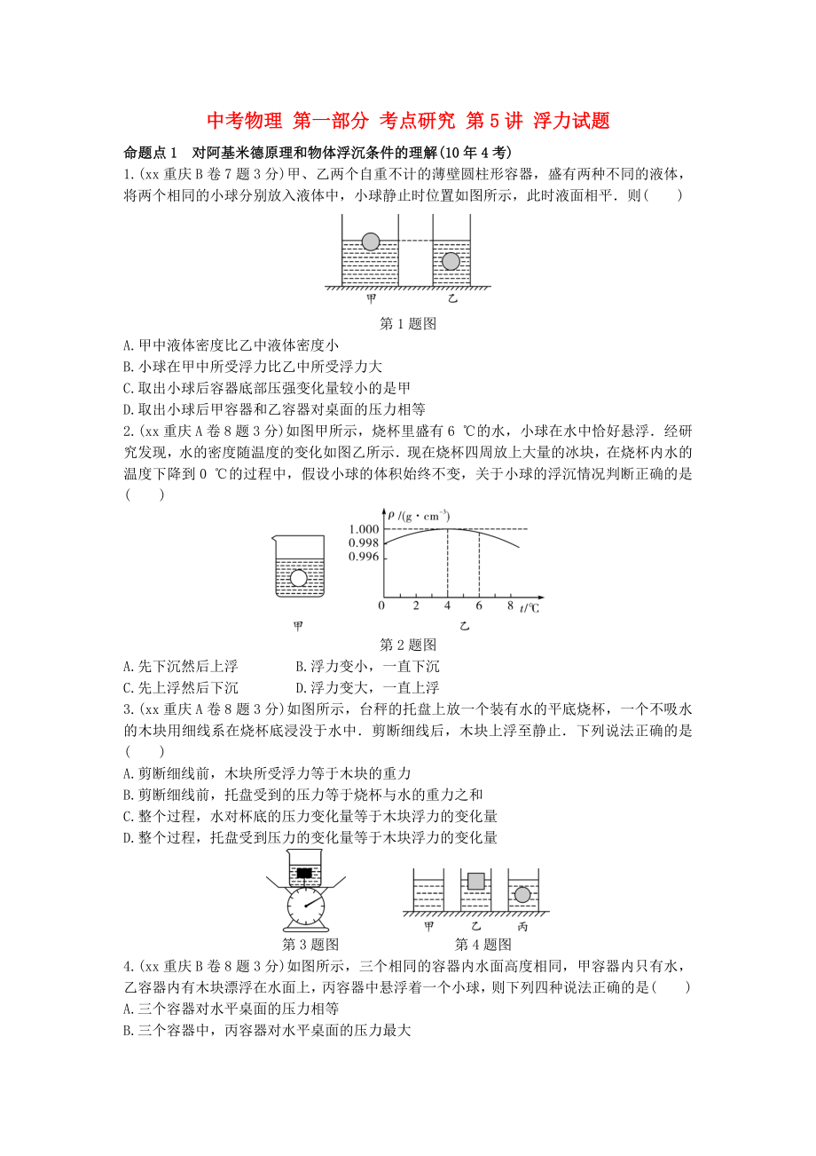 中考物理 第一部分 考點(diǎn)研究 第5講 浮力試題_第1頁(yè)