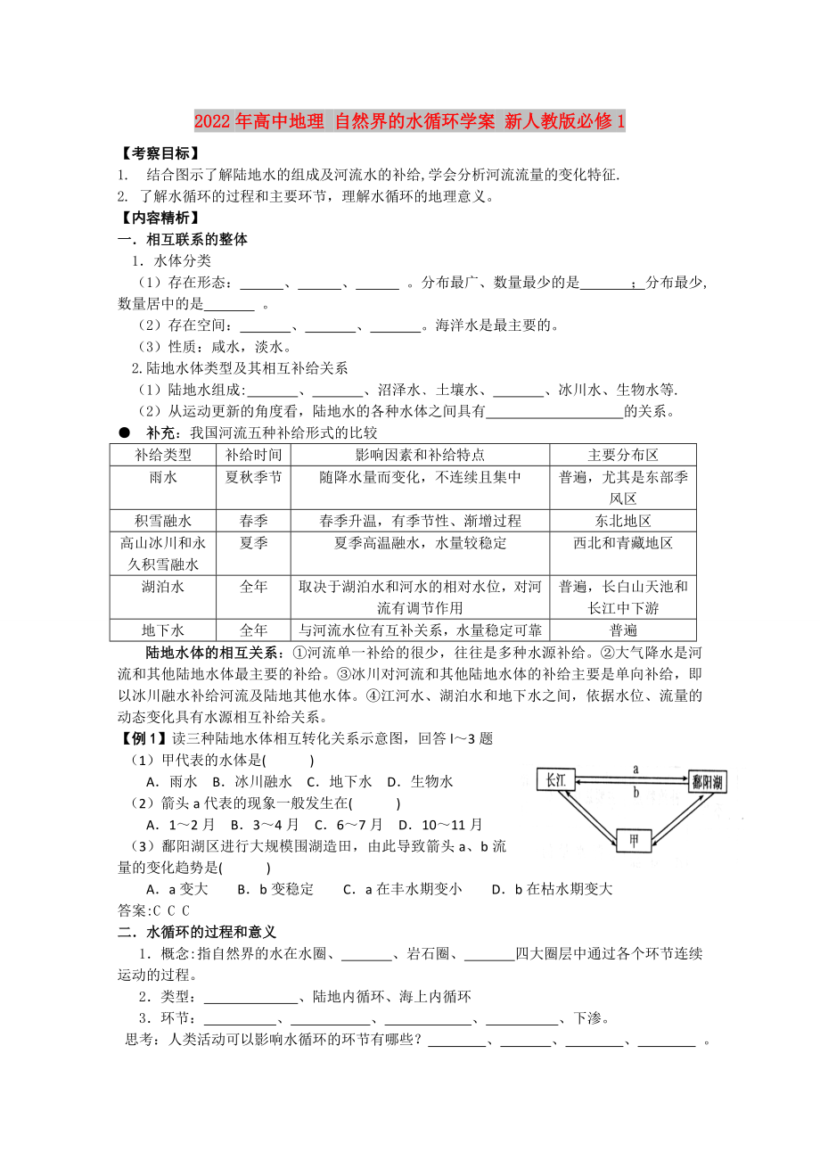 2022年高中地理 自然界的水循環(huán)學(xué)案 新人教版必修1_第1頁(yè)