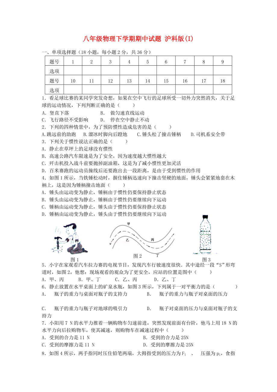 八年級(jí)物理下學(xué)期期中試題 滬科版(I)_第1頁(yè)