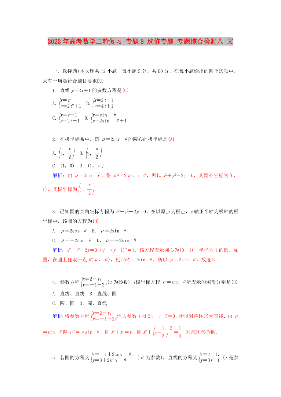 2022年高考數(shù)學(xué)二輪復(fù)習(xí) 專題8 選修專題 專題綜合檢測八 文_第1頁